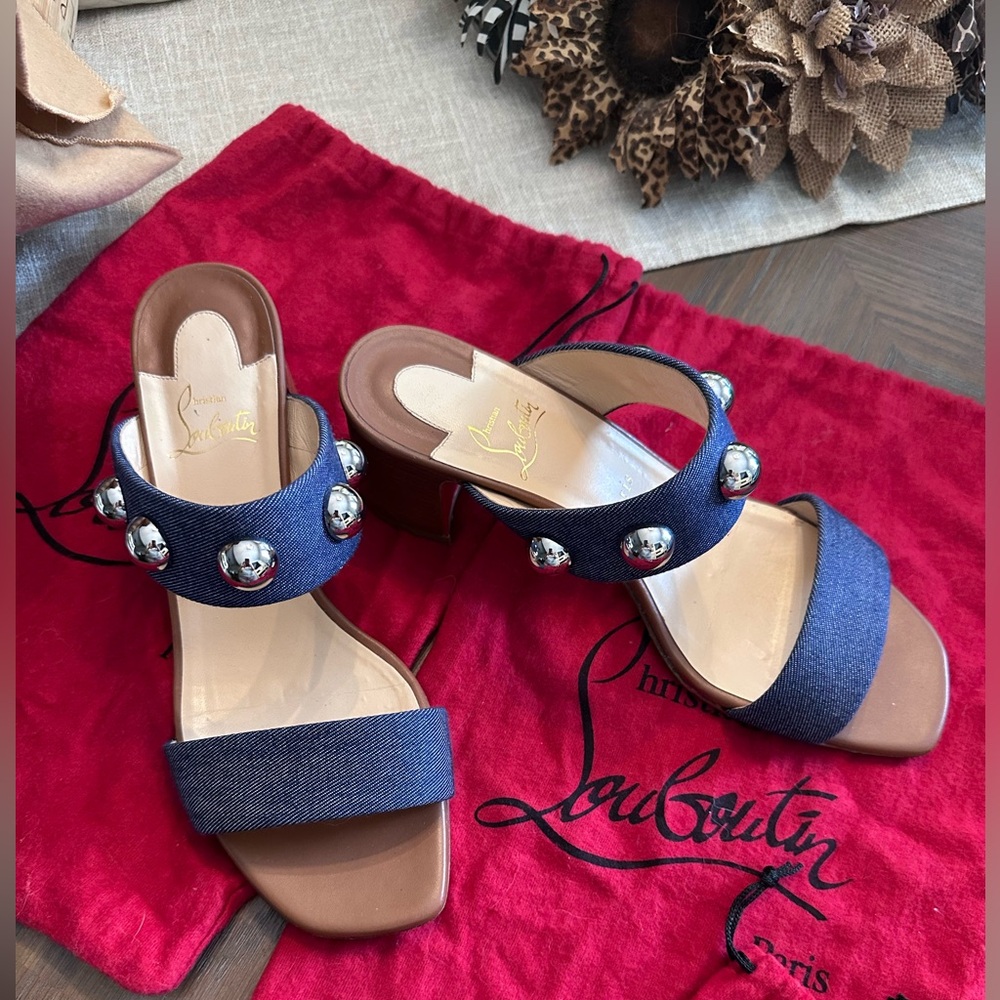 Christian Louboutin Denim and Silver ball stud chunky Heels